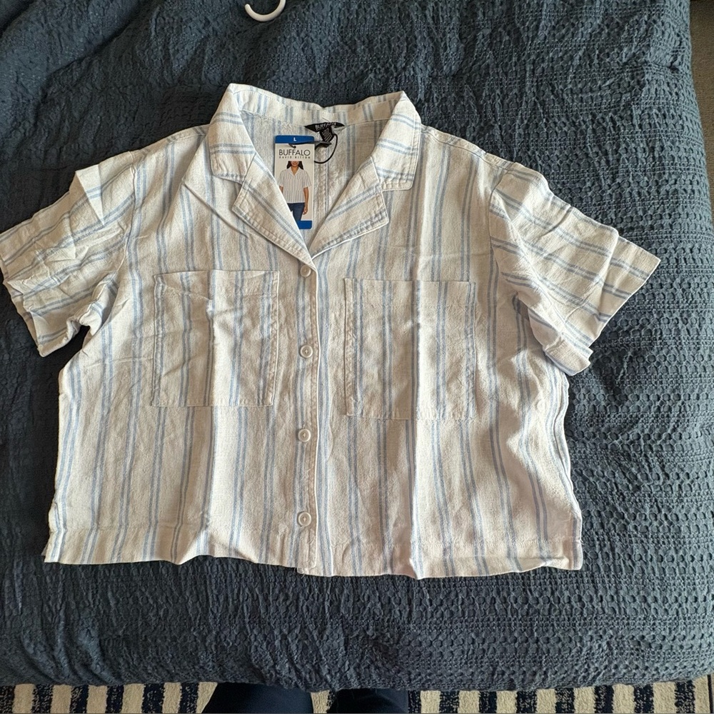 Buffalo David Bitton Blue and White Striped Cropped Shirt
